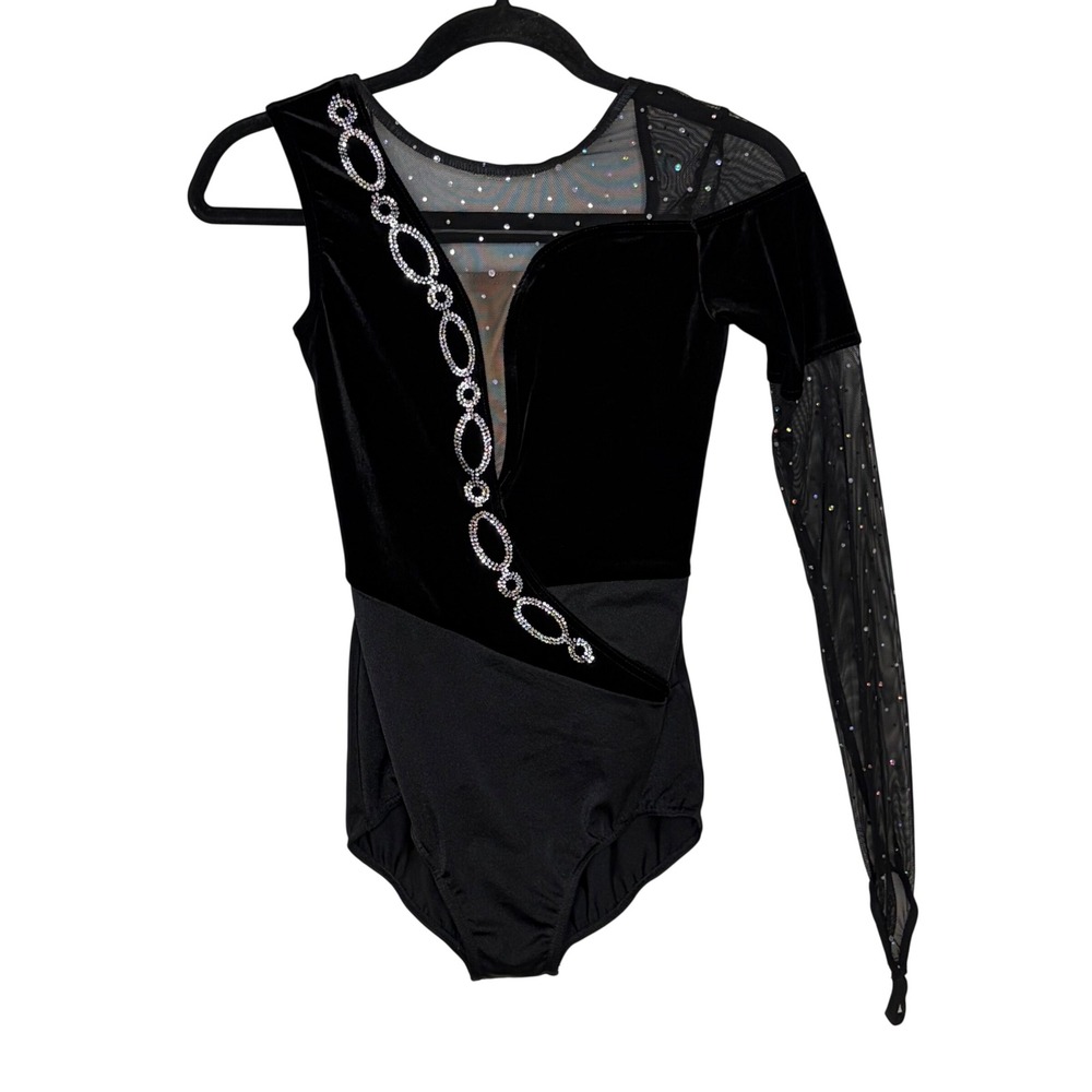Weissman Black Rhinestone Mesh Velvet Dance Leotard Adult Small